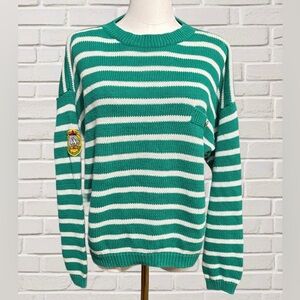 Vintage 80s-90s Tarazzia Green White Striped CrestCrew Sweater Preppy Nautical L